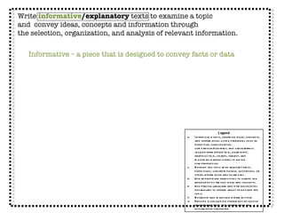 Write  informative /explanatory  texts to examine a topic  and  convey ideas, concepts and information through  the selection, organization, and analysis of relevant information. Legend Introduce a topic, organize ideas, concepts, and information, using strategies such as definition, classification, comparison/contrast, and cause/effect; include formatting (e.g., headings), graphics (e.g., charts, tables), and multimedia when useful to aiding comprehension. Develop the topic with relevant facts, definitions, concrete details, quotations, or other information and examples. Use appropriate transitions to clarify the relationships among ideas and concepts. Use precise language and domain-specific vocabulary to inform about or explain the topic. Establish and maintain a formal style. Provide a concluding statement or section that follows from the information or explanation presented. Informative – a piece that is designed to convey facts or data 
