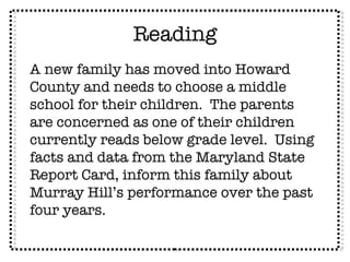 Reading A new family has moved into Howard County and needs to choose a middle school for their children.  The parents are concerned as one of their children currently reads below grade level.  Using facts and data from the Maryland State Report Card, inform this family about Murray Hill’s performance over the past four years. 