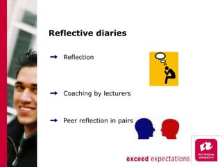 Reflective diaries Reflection  Coaching by lecturers Peer reflection in pairs 