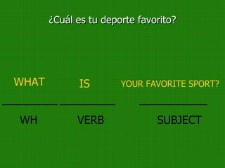 ¿Cuál es tu deporte favorito? _________ WH _________ VERB ___________ SUBJECT WHAT IS YOUR FAVORITE SPORT? 