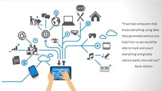 “If we had computers that
knew everything using data
they generated without any
help from us we would be
able to track and count
everything and greatly
reduce waste, loss and cost”
-Kevin Ashton
 