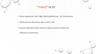 “THINGS” IN IOT
• Home Appliances Like Fridge, Washing Machines , Air Conditioners
• Media devices like phone, tabs, smart tv etc
• Devices With RFID Chips That Can collect and Share Data from
different environments.
 