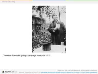 Informative Speaking

Theodore Roosevelt giving a campaign speech in 1912.

Free to share, print, make copies and changes. Get yours at www.boundless.com
Wikimedia. "Roosevelt on the Stump, 1912." Public domain http://commons.wikimedia.org/wiki/File:Roosevelt_on_the_Stump,_1912.JPG View on Boundless.com

 