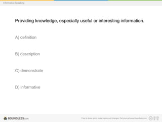 Informative Speaking

Providing knowledge, especially useful or interesting information.

A) definition

B) description

C) demonstrate

D) informative

Free to share, print, make copies and changes. Get yours at www.boundless.com

 