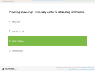 Informative Speaking

Providing knowledge, especially useful or interesting information.

A) actuate

B) social proof

C) informative

D) reciprocity

Free to share, print, make copies and changes. Get yours at www.boundless.com
Wiktionary. "informative." CC BY-SA 3.0 http://en.wiktionary.org/wiki/informative

 