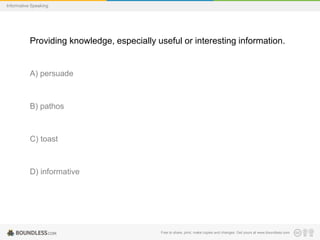 Informative Speaking

Providing knowledge, especially useful or interesting information.

A) persuade

B) pathos

C) toast

D) informative

Free to share, print, make copies and changes. Get yours at www.boundless.com

 
