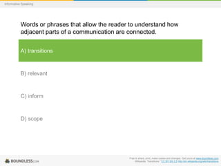Informative Speaking

Words or phrases that allow the reader to understand how
adjacent parts of a communication are connected.
A) transitions

B) relevant

C) inform

D) scope

Free to share, print, make copies and changes. Get yours at www.boundless.com
Wikipedia. "transitions." CC BY-SA 3.0 http://en.wikipedia.org/wiki/transitions

 
