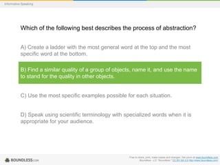 Informative Speaking

Which of the following best describes the process of abstraction?
A) Create a ladder with the most general word at the top and the most
specific word at the bottom.
B) Find a similar quality of a group of objects, name it, and use the name
to stand for the quality in other objects.

C) Use the most specific examples possible for each situation.

D) Speak using scientific terminology with specialized words when it is
appropriate for your audience.

Free to share, print, make copies and changes. Get yours at www.boundless.com
Boundless - LO. "Boundless." CC BY-SA 3.0 http://www.boundless.com/

 