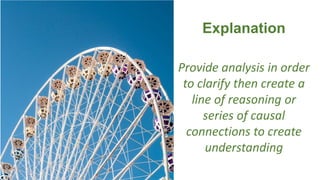 Explanation
Provide analysis in order
to clarify then create a
line of reasoning or
series of causal
connections to create
understanding
Photo credit monty python on Flickr
 