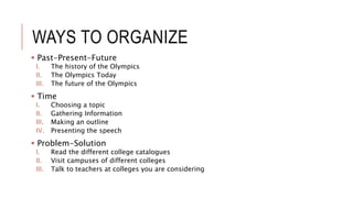 WAYS TO ORGANIZE
 Past-Present-Future
I. The history of the Olympics
II. The Olympics Today
III. The future of the Olympics
 Time
I. Choosing a topic
II. Gathering Information
III. Making an outline
IV. Presenting the speech
 Problem-Solution
I. Read the different college catalogues
II. Visit campuses of different colleges
III. Talk to teachers at colleges you are considering
 