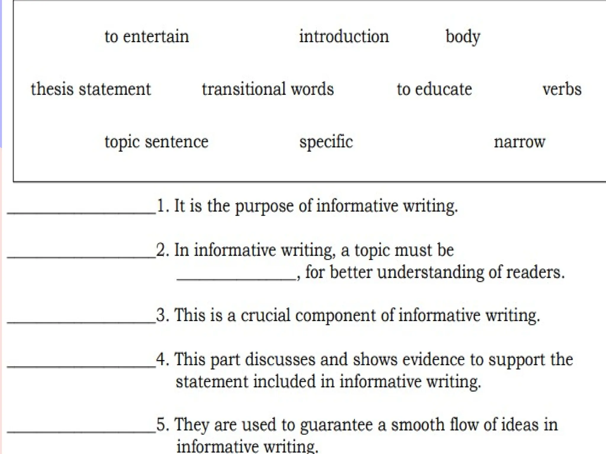 Directions: Identify what is being
asked in the following statements.
Choose the correct answer in the
scroll. Write your answer on your
notebook.
ACTIVITY 4: NAME ME!
 