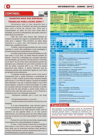 Este informativo é uma publicação mensal de: MILLENNIUM
CONTABILIDADE, CRC/AM 000366/O3. Editoração, Direção Técnica e
Impressão: Business Editora e Publicação de Informativos Ltda.
(47) 3371-0619. Este material possui Direitos Reservados. É proibida a
reprodução deste material. Tiragem: 050 exemplares - Cod. 01983
assessoria
e consultoria
empresarial
assessoria e consultoria empresarial
www.millennium.cnt.br
INFORMATIVO - JUNHO / 2019
TABELAS E AGENDA DE OBRIGAÇÕES SUJEITA A MUDANÇAS DE ACORDO COM A LEGISLAÇÃO VIGENTE.
R$ 1.531,02
R$ 1.531,03 até
R$ 2.551,96
R$ 2.551,97
Multiplica-se salário médio por 0.8 (80%).Até
A partir de
Acima
O que exceder a R$ 1.531,02
multiplica-se por 0.5 (50%) e soma-se a R$ 1.224,82
O valor da parcela será de R$ 1.735,29 invariavelmente.
R$ 998,00
BASE DE CÁLCULO
Até R$ 1.903,98
De R$ 1.903,99 até R$ 2.826,65
De R$ 2.826,66 até R$ 3.751,05
De R$ 3.751,06 até R$ 4.664,68
Acima de R$ 4.664,68
Dedução de dependente:
%
Isento
7,5 %
15 %
22,5 %
27,5 %
-
DEDUZIR
Isento
R$ 142,80
R$ 354,80
R$ 636,13
R$ 869,36
R$ 189,59
IMPOSTO DE RENDA ALÍQUOTA DE INSS
TRABALHADOR ASSALARIADO
ALÍQUOTA
8%
9%
11%
Até R$ 1.751,81
De R$ 1.751,82 até R$ 2.919,72
De R$ 2.919,73 até R$ 5.839,45
(Teto máximo, contribuição
de R$ 642,34)
VALORES
2 8
1
9 15
16
4
11
18
25
5
12
19
26
6
13
20
27
22
29
3
10
17
14
21
28
7
Domingo Segunda Terça Quarta Quinta Sexta Sábado
Feriados 20 - Corpus Christi
23 30 24
ISS (Vencimento de acordo com Lei Municipal).
HONORÁRIOS CONTÁBEIS
(Vencimento de acordo com o contrato vigente).
ICMS (Empresas Normais)
(De acordo com o vencimento estabelecido pela Legislação Estadual).
IRPJ - Lucro Real / Lucro Presumido
CSLL - Lucro Real / Lucro Presumido
IR (Carne Leão)
CONTRIBUIÇÃO SINDICAL (OPCIONAL)
IPI (Mensal)
PIS
COFINS
IRRF (Empregados) - Fato Gerador 05/2019
GPS (Empresa) - Comp. 05/2019
CONTRIBUIÇÃO PREVIDENCIÁRIA (Sobre Receita Bruta)
CONTRIBUIÇÕES (Cofins, PIS/PASEP e CSLL) Retidas na Fonte
IR RETIDO FONTE (Serviços Profissionais Prestados por PJ)
SALÁRIO DOS COLABORADORES (Empregados)
FGTS
CAGED
DAE - SIMPLES DOMÉSTICO - Competência 05/2019
ESOCIAL - Competência 05/2019
IPI - Competência - 2402.20.0005/2019
SPED (EFD-Contribuições) - Fato Gerador 04/2019
EFD REINF - Competência 05/2019
SIMPLES NACIONAL
DCTF - Competência 04/2019
28/06
21/06
25/06
24/06
06/06
07/06
10/06
14/06
17/06
19/06
GPS (Facultativos, etc...) - Competência 05/2019
QUANTOS DIAS SUA EMPRESA
TRABALHA PARA LUCRO ZERO ?
Certamente está aí uma pergunta que o
empreendedor não faz. E também não sabe sua resposta
bem como a forma de calcular isso. Diria que o
empreendedor ao saber do lucro zero muda toda a
estratégia, processo e planejamento das ações internas e
externas da sua empresa.
Falar de Lucro Zero parece algo distante do
cotidiano da gestão do negócio e paralelamente não "diz
nada para o negócio". Pelo contrário, ao saber desta
resposta e a partir das informações gerenciais
disponíveis, a gestão irá mudar.
Portanto, cabe ao empreendedor dar valor a essa
resposta e a partir dela estabelecer novas estratégias e
processos para serem implantadas no negócio.
Ao saber quantos dias a empresa trabalha no mês
para obter o Lucro Zero, as metas internas também se
alteram. Como fica a estratégia se a empresa descobre
que ela trabalha, por exemplo, 28 dias para ter o chamado
Lucro Zero? Ou de forma mais preocupante quando ela
descobre que a obtenção do Lucro Zero acontece no dia
35? Ou ainda, consome 90% e ou 110% do tempo
disponível para obtê-lo. O aperto financeiro que as
empresas passam está diretamente ligado ao Lucro Zero
ser atingido muito tardiamente.
A resposta correta quando ocorre o lucro zero é
fundamental para a saúde financeira e perenidade do
negócio. E mais, é saber quantos dias a empresa dispõe
para buscar o Lucro Real do negócio. Quando se trabalha
para identificar o dia que a empresa atinge o Lucro Zero
causa espanto, surpresa e muita preocupação. E a partir
daí, as ações internas começam a ser focadas no sentido
de que esse dia seja atingido o quanto antes. Assim, a
empresa terá mais dias para buscar o Lucro Possível e
compará-lo com o lucro desejado projetado.
Precisamos entender que o Lucro tem duas
fases:
- Primeiramente atingir o Lucro zero;
- Posteriormente se concentrar na busca do Lucro
desejado.
E ai caro empreendedor, esse assunto passa a
ser pauta constante ou não da gestão do seu negócio?
Certamente ao ler esse pequeno artigo você irá
colocá-lo na sua agenda diária. E, se isso ocorrer
efetivamente, sua empresa atuará de forma diferenciada
para que a meta de Lucro Zero seja atingido o mais rápido
possível.
Pensar em Lucro Zero envolve toda a organização
e isso passa a ser a meta estratégica do negócio.
E mais, o maior tempo consumido na empresa é
para buscar o Lucro Zero e não o Lucro desejado. É por
essa razão que as empresas precisam estar atentas e
começar internamente a pensar seriamente sobre isso. É
fundamental para o sucesso do negócio.
 