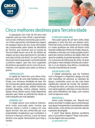 12
A população com mais de 60 anos está
viajando cada vez mais, afinal, a aposentado-
ria é um dos melhores momentos para conhe-
cer o País e aproveitar a facilidade das viagens
em qualquer época do ano. Essas afirmações
são comprovadas pelos dados do Ministério
do Turismo, que mostram que os turistas da
Terceira Idade fazem cerca de 18 milhões de
viagens ao ano o que representa 9% de todo o
mercado turístico do Brasil. Se você faz parte
dessa parcela da população e está planejando
a próxima viagem, aqui vão cinco sugestões
de destinos que podem servir como dicas ex-
celentes, com opções para todos os bolsos e
gostos.
Fortaleza (CE)
A capital do Ceará tem uma ótima infra-
estrutura, além de uma rede hoteleira diversi-
ficada, com inúmeras atividades de lazer. Por
ser uma grande capital, opções de passeios não
faltam: são muitas praias, prédios históricos,
grandes shoppings, centros urbanos, teatros,
igrejas, feiras, dentre outros. Estão disponíveis
passeios para todas as preferências desde os
mais tranquilos aos mais agitados.
Gravatal (SC)
A cidade possui uma estância hidromi-
neral muito procurada pelos turistas que
buscam relaxar e esfriar a cabeça em suas
águas termais. Elas são conhecidas por suas
propriedades terapêuticas que combatem o
estresse e doenças crônicas, o que faz desse
destino uma opção interessante para toda a
família.
Flores da Cunha (RS)
Para quem gosta de um bom vinho, belas
paisagens e clima frio tem um destino certo:
Flores da Cunha, no Rio Grande do Sul. A cidade
é a maior produtora de vinho do Brasil e está
inserida na Rota dos Vinhos do Estado. Museus,
vinhedos e vinícolas com visitas guiadas fazem
parte dos roteiros turísticos da região. Além de
apreciar a bebida, é possível aprender e conhe-
cer o processo de fabricação do vinho. As duas
principaisemaisvisitadasvinícolassãoaSalva-
dor e a Luiz Argenta. Essa última, considerada
uma das mais bonitas do mundo.
Foz do Iguaçu (PR)
A cidade paranaense, que faz fronteira
com o Paraguai e a Argentina, abriga uma das
sete maravilhas da natureza, as Cataratas do
Iguaçu, conhecidas como um dos mais belos
espetáculos naturais do mundo. Há, também,
o Parque das Aves, um museu vivo de pássaros
comváriasespécies.Valefazerumtourtécnico
pela Usina Hidrelétrica de Itaipu, com certeza
você vai apreciar muito.
Maceió (AL)
Assim como Fortaleza, em Maceió tem
praia o ano todo! A cidade, que é conhecida por
suas águas transparentes e esverdeadas e pelas
belas praias, conta ainda com piscinas naturais
e passeios de jangada.
E você? Qual desses destinos escolheria
para a sua próxima viagem? Fique mais próxi-
mo da viagem dos seus sonhos.
www.sbtur.com
Cinco melhores destinos para Terceira Idade
T u r i s m o
 