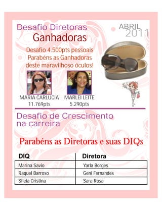 Desafio Diretoras                        ABRIL
       Ganhadoras                         2011
   Desafio 4.500pts pessoais
    Parabéns as Ganhadoras
   deste maravilhoso óculos!




MARIA CARLUCIA MARLEI LEITE
  11.769pts     5.290pts

Desafio de Crescimento
na carreira

Parabéns as Diretoras e suas DIQs
DIQ                    Diretora
Marina Savio            Yarla Borges
Raquel Barroso          Geni Fernandes
Sileia Cristina         Sara Rosa
 