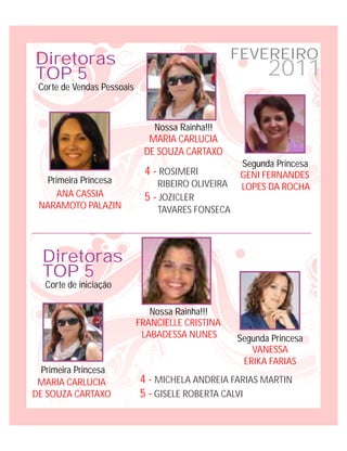 Diretoras                                         FEVEREIRO
TOP 5                                                     2011
 Corte de Vendas Pessoais



                                Nossa Rainha!!!
                              MARIA CARLUCIA
                             DE SOUZA CARTAXO
                                                   Segunda Princesa
                             4 - ROSIMERI          GENI FERNANDES
  Primeira Princesa             RIBEIRO OLIVEIRA   LOPES DA ROCHA
     ANA CASSIA              5 - JOZICLER
 NARAMOTO PALAZIN               TAVARES FONSECA




  Diretoras
  TOP 5
   Corte de iniciação

                               Nossa Rainha!!!
                            FRANCIELLE CRISTINA
                             LABADESSA NUNES       Segunda Princesa
                                                      VANESSA
                                                    ERIKA FARIAS
  Primeira Princesa
 MARIA CARLUCIA             4 - MICHELA ANDREIA FARIAS MARTIN
DE SOUZA CARTAXO            5 - GISELE ROBERTA CALVI
 