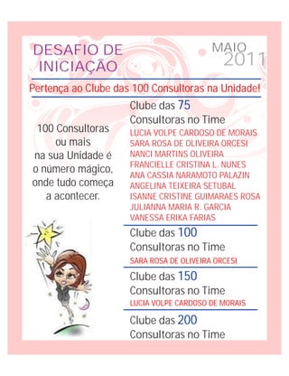 DESAFIO DE                                MAIO
 INICIAÇÃO                                   2011
Pertença ao Clube das 100 Consultoras na Unidade!
                     Clube das 75
                     Consultoras no Time
 100 Consultoras     LUCIA VOLPE CARDOSO DE MORAIS
     ou mais         SARA ROSA DE OLIVEIRA ORCESI
na sua Unidade é     NANCI MARTINS OLIVEIRA
                     FRANCIELLE CRISTINA L. NUNES
o número mágico,     ANA CASSIA NARAMOTO PALAZIN
onde tudo começa     ANGELINA TEIXEIRA SETUBAL
   a acontecer.      ISANNE CRISTINE GUIMARAES ROSA
                     JULIANNA MARIA R. GARCIA
                     VANESSA ERIKA FARIAS
                     Clube das 100
                     Consultoras no Time
                     SARA ROSA DE OLIVEIRA ORCESI

                     Clube das 150
                     Consultoras no Time
                     LUCIA VOLPE CARDOSO DE MORAIS

                     Clube das 200
                     Consultoras no Time
 