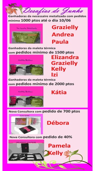 Desafios de Junho
Ganhadoras da necessaire metalizada com pedidos
mínimo 1000 ptos até o dia 10/06

                          Grazielly
                          Andrea
                          Paula
Ganhadoras da maleta térmica
com pedidos mínimo de 1500        ptos
                         Elizandra
                         Grazielly
                         Kelly
                         Izi
Ganhadoras da maleta térmica
com pedidos mínimo de 2000        ptos

                         Kátia


Nova Consultora com pedido   de 700 ptos


                       Débora

Nova Consultora com pedido   de 40%

                       Pamela
                       Kelly
 