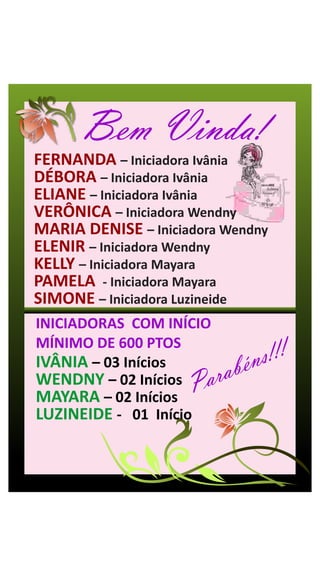 Bem Vinda!
FERNANDA – Iniciadora Ivânia
DÉBORA – Iniciadora Ivânia
ELIANE – Iniciadora Ivânia
VERÔNICA – Iniciadora Wendny
MARIA DENISE – Iniciadora Wendny
ELENIR – Iniciadora Wendny
KELLY – Iniciadora Mayara
PAMELA - Iniciadora Mayara
SIMONE – Iniciadora Luzineide
INICIADORAS COM INÍCIO
MÍNIMO DE 600 PTOS
IVÂNIA – 03 Inícios
                         abé ns!!!
WENDNY – 02 Inícios
MAYARA – 02 Inícios  Par
LUZINEIDE - 01 Início
 