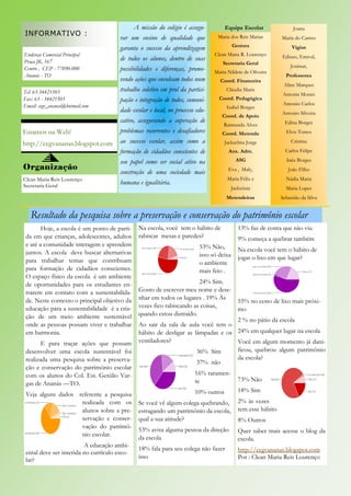 A missão do colégio é assegu-           Equipe Escolar                 Joana
INFORMATIVO :
                                       rar um ensino de qualidade que            Maria dos Reis Matias        Maria do Carmo
                                                                                          Gestora
                                       garanta o sucesso da aprendizagem                                           Vigias
Endereço Comercial Principal                                                    Clean Maria R. Lourenço       Ediuso, Emival,
Praça JK, 167
                                       de todos os alunos, dentro de suas
                                                                                    Secretaria Geral
                                                                                                                  Josimar,
Centro , CEP - 77890-000               possibilidades e diferenças, promo-      Maria Nildete de Oliveira
Ananás - TO                                                                                                     Professores
                                       vendo ações que envolvam todos num         Coord. Financeira
                                                                                                               Aline Marques
Tel: 63-34421503                       trabalho coletivo em prol da partici-         Cláudia Maria
                                                                                                              Antonia Morais
Fax: 63 - 34421503                     pação e integração de todos, comuni-       Coord. Pedagógica
Email: cegv_ananas@hotmail.com                                                                                 Antonio Carlos
                                                                                      Izabel Borges
                                       dade escolar e local, no processo edu-                                 Antonio Silveira
                                                                                   Coord. de Apoio
                                       cativo, assegurando a superação de                                       Edina Borges
                                                                                    Raimunda Alves
Estamos na Web!                        problemas recorrentes e desafiadores        Coord. Merenda               Elvis Torres

http://cegvananas.blogspot.com         ao sucesso escolar, assim como a              Jackselma Jorge               Cristina
                                       formação de cidadãos conscientes de            Aux. Adm.                 Carlos Felipe

                                       seu papel como ser social ativo na                  ASG                  Inêz Borges
Organização                                                                           Eva , Maly,                João Filho
                                       construção de uma sociedade mais
Clean Maria Reis Lourenço                                                             Maria Félix e             Nádia Maria
Secretaria Geral
                                       humana e igualitária.
                                                                                        Jacksônia               Maria Lopes
                                                                                     Merendeiras              Sebastião da Silva


   Resultado da pesquisa sobre a preservação e conservação do patrimônio escolar
        Hoje, a escola é um ponto de parti-    Na escola, você tem o hábito de              13% faz de conta que não viu
 da em que crianças, adolescentes, adultos     rabiscar mesas e paredes?                    9% começa a quebrar também
 e até a comunidade interagem e aprendem                                  53% Não,
 juntos. A escola deve buscar alternativas                                                  Na escola você tem o hábito de
                                                                          isso só deixa     jogar o lixo em que lugar?
 para trabalhar temas que contribuam                                      o ambiente
 para formação de cidadãos conscientes.                                   mais feio .
 O espaço físico da escola é um ambiente
 de oportunidades para os estudantes en-                               24% Sim.
 trarem em contato com a sustentabilida-       Gosto de escrever meu nome e dese-
 de. Neste contexto o principal objetivo da    nhar em todos os lugares . 19% Às
                                                                                   55% no cesto de lixo mais próxi-
 educação para a sustentabilidade é a cria-    vezes fico rabiscando as coisas,
                                                                                   mo
 ção de um meio ambiente sustentável           quando estou distraído.
                                                                                   2 % no pátio da escola
 onde as pessoas possam viver e trabalhar      Ao sair da sala de aula você tem o
 em harmonia.                                  hábito de desligar as lâmpadas e os 24% em qualquer lugar na escola
        E para traçar ações que possam         ventiladores?                       Você em algum momento já dani-
 desenvolver uma escola sustentável foi                               36% Sim      ficou, quebrou algum patrimônio
 realizada uma pesquisa sobre a preserva-                                          da escola?
                                                                      37% não
 ção e conservação do patrimônio escolar
 com os alunos do Col. Est. Getúlio Var-                                16% raramen-
                                                                        te                  73% Não
 gas de Ananás —TO.
                                                                        10% outros          18% Sim
 Veja alguns dados referente a pesquisa
                    realizada com os           Se você vê algum colega quebrando,           2% às vezes
                    alunos sobre a pre-        estragando um patrimônio da escola,          tem esse hábito
                    servação e conser-         qual a sua atitude?                          8% Outros
                    vação do patrimô-
                                               53% avisa alguma pessoa da direção           Quer saber mais acesse o blog da
                    nio escolar.
                                               da escola                                    escola.
                         A educação ambi-
                                               18% fala para seu colega não fazer           http://cegvananas.blogspot.com
 ental deve ser inserida no currículo esco-
 lar?                                          isso                                         Por : Clean Maria Reis Lourenço
 