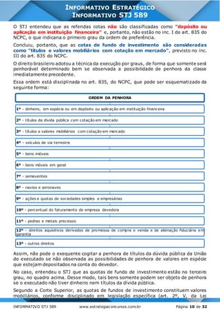 INFORMATIVO STJ 589 www.estrategiaconcursos.com.br Página 10 de 32
INFORMATIVO ESTRATÉGICO
INFORMATIVO STJ 589
O STJ entendeu que as referidas cotas não são classificadas como “depósito ou
aplicação em instituição financeira” e, portanto, não estão no inc. I do art. 835 do
NCPC, o que indicaria o primeiro grau da ordem de preferência.
Concluiu, portanto, que as cotas de fundo de investimento são consideradas
como “títulos e valores mobiliários com cotação em mercado”, previsto no inc.
III do art. 835 do NCPC.
O direito brasileiro adotou a técnica da execução por graus, de forma que somente será
penhorável determinado bem se observada a possibilidade de penhora da classe
imediatamente precedente.
Essa ordem está disciplinada no art. 835, do NCPC, que pode ser esquematizado da
seguinte forma:
Assim, não pode o exequente cogitar a penhora de títulos da dúvida pública da União
do executado se não observada as possibilidades de penhora de valores em espécie
que estejam depositados na conta do devedor.
No caso, entendeu o STJ que as quotas de fundo de investimento estão no terceiro
grau, no quadro acima. Desse modo, tais bens somente podem ser objeto de penhora
se o executado não tiver dinheiro nem títulos da dívida pública.
Segundo a Corte Superior, as quotas de fundos de investimento constituem valores
mobiliários, conforme disciplinado em legislação específica (art. 2º, V, da Lei
ORDEM DA PENHORA
1º - dinheiro, em espécie ou em depósito ou aplicação em instituição financeira
2º - títulos da dívida pública com cotação em mercado
3º - títulos e valores mobiliários com cotação em mercado
4º - veículos de via terrestre
5º - bens imóveis
6º - bens móveis em geral
7º - semoventes
8º - navios e aeronaves
9º - ações e quotas de sociedades simples e empresárias
10º - percentual do faturamento de empresa devedora
11º - pedras e metais preciosos
12º - direitos aquisitivos derivados de promessa de compra e venda e de alienação fiduciária em
garantia
13º - outros direitos
 