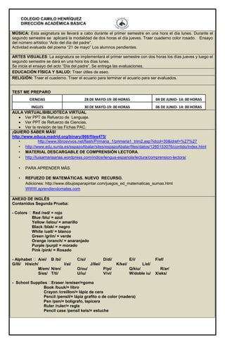 COLEGIO CAMILO HENRÍQUEZ
DIRECCIÓN ACADÉMICA BÁSICA
MÚSICA: Esta asignatura se llevará a cabo durante el primer semestre en una hora el día lunes. Durante el
segundo semestre se aplicará la modalidad de dos horas el día jueves. Traer cuaderno color rosado. Ensayo
del número artístico “Acto del día del padre”.
Actividad evaluada del poema “21 de mayo” Los alumnos pendientes.
ARTES VISUALES: La asignatura se implementará el primer semestre con dos horas los días jueves y luego el
segundo semestre se dará en una hora los días lunes.
Se inicia el ensayo del acto “Día del padre”. Se entrega las evaluaciones.
EDUCACIÓN FÍSICA Y SALUD: Traer útiles de aseo.
RELIGIÓN: Traer el cuaderno. Traer el acuario para terminar el acuario para ser evaluados.
TEST ME PREPARO
CIENCIAS 28 DE MAYO-19: 00 HORAS 04 DE JUNIO- 14: 00 HORAS
INGLES 30 DE MAYO-19: 00 HORAS 06 DE JUNIO- 14: 00 HORAS
AULA VIRTUAL/BIBLIOTECA VIRTUAL
 Ver PPT de Refuerzo de Lenguaje.
 Ver PPT de Refuerzo de Ciencias.
 Ver la revisión de las Fichas PAC.
¡QUIERO SABER MÁS!
http://www.educa.madrid.org/binary/866/files475/
• http://www.librosvivos.net/flash/Primaria_1/primaria1_trim2.asp?idcol=30&idref=%27%27
• http://www.edu.xunta.es/espazoAbalar/sites/espazoAbalar/files/datos/1285153076/contido/index.html
• MATERIAL DESCARGABLE DE COMPRENSIÓN LECTORA.
• http://luisamariaarias.wordpress.com/indice/lengua-espanola/lectura/comprension-lectora/
• PARA APRENDER MÁS.
• REFUEZO DE MATEMÁTICAS. NUEVO RECURSO.
Adiciones: http://www.dibujosparapintar.com/juegos_ed_matematicas_sumas.html
WWW.aprendiendomates.com
ANEXO DE INGLÉS
Contenidos Segunda Prueba:
-
Blue /blu/ = azul
Yellow /ielou/ = amarillo
Black /blak/ = negro
White /uait/ = blanco
Green /griin/ = verde
Orange /oranch/ = anaranjado
Purple /purpl/ = morado
Pink /pink/ = Rosado
- Alphabet A/ei/ B /bi/ C/si/ D/di/ E/i/ F/ef/
G/lli/ H/eich/ I/ai/ J/llei/ K/kei/ L/el/
M/em/ N/en/ O/ou/ P/pi/ Q/kiu/ R/ar/
S/es/ T/ti/ U/iu/ V/vi/ W/doble iu/ X/eks/
- School Supplies Eraser /ereiser/=goma
Book /buuk/= libro
Crayon /creillon/= lápiz de cera
Pencil /pensil/= lápiz grafito o de color (madera)
Pen /pen/= bolígrafo, lapicera
Ruler /ruler/= regla
Pencil case /pensil keis/= estuche
 