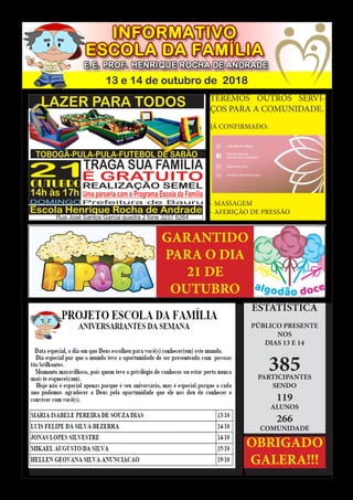 13 e 14 de outubro de 2018
TEREMOS OUTROS SERVI-
ÇOS PARA A COMUNIDADE.
JÁ CONFIRMADO:
- MASSAGEM
- AFERIÇÃO DE PRESSÃO
ESTATÍSTICA
PÚBLICO PRESENTE
NOS
DIAS 13 E 14
385PARTICIPANTES
SENDO
119
ALUNOS
266
COMUNIDADE
OBRIGADO
GALERA!!!
GARANTIDO
PARA O DIA
21 DE
OUTUBRO
 
