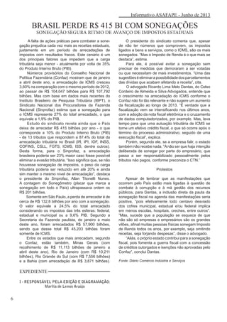 Informativo ASAFAPE - Junho de 2013
6
EXPEDIENTE
I - RESPONSÁVEL PELA EDIÇÃO E DIAGRAMAÇÃO:
Marília de Lemos Araújo
BRASIL PERDE R$ 415 BI COM SONEGAÇÕES
SONEGAÇÃO SEGURA RITMO DE AVANÇO DE IMPOSTOS ESTADUAIS
A falta de ações práticas para combater a sone-
gação prejudica cada vez mais as receitas estaduais,
justamente em um período de arrecadações de
impostos com resultados fracos. Este cenário é um
dos principais fatores que impedem que a carga
tributária seja menor - atualmente por volta de 35%
do Produto Interno Bruto (PIB).
Números provisórios do Conselho Nacional de
Política Fazendária (Confaz) mostram que de janeiro
a abril deste ano, a arrecadação de ICMS cresceu
3,60% na comparação com o mesmo período de 2012,
ao passar de R$ 104,047 bilhões para R$ 107,792
bilhões. Mas com base em dados mais recentes do
Instituto Brasileiro de Pesquisa Tributária (IBPT), o
Sindicato Nacional dos Procuradores da Fazenda
Nacional (Sinprofaz) estima que a sonegação para
o ICMS represente 27% do total arrecadado, o que
equivale a 1,9% do PIB.
Estudo do sindicato revela ainda que o País
deixa de arrecadar R$ 415 bilhões por ano - o que
corresponde a 10% do Produto Interno Bruto (PIB)
- de 13 tributos que respondem a 87,4% do total da
arrecadação tributária no Brasil (IR, IPI, IOF, INSS,
COFINS, CSLL, FGTS, ICMS, ISS, dentre outros).
Desta forma, para o Sinprofaz, a arrecadação
brasileira poderia ser 23% maior caso fosse possível
eliminar a evasão tributária. “Isso significa que, se não
houvesse sonegação de impostos, o peso da carga
tributária poderia ser reduzido em até 20% e ainda
sim manter o mesmo nível de arrecadação”, destaca
o presidente do Sinprofaz, Allan Titonelli Nunes.
A contagem do Sonegômetro (placar que marca a
sonegação em todo o País) ultrapassava ontem os
R$ 201 bilhões.
Somente em São Paulo, a perda de arrecadar é de
cerca de R$ 132,8 bilhões por ano com a sonegação.
O valor equivale a 24,5% do total arrecadado
considerando os impostos das três esferas: federal,
estadual e municipal ou a 9,6% PIB. Segundo a
Secretaria da Fazenda paulista, de janeiro a maio
deste ano, foram arrecadados R$ 57,900 bilhões,
sendo que desse total R$ 45,203 bilhões foram
somente de ICMS.
Entre os estados que mais arrecadam, segundo
o Confaz, estão também, Minas Gerais (com
recolhimento de R$ 11,113 bilhões de janeiro a
abril deste ano), Rio de Janeiro (com R$ 10,211
bilhões), Rio Grande do Sul (com R$ 7,556 bilhões)
e a Bahia (com arrecadação de R$ 3,871 bilhões).
O presidente do sindicato comenta que, apesar
de não ter números que comprovem, os impostos
ligados a bens e serviços, como o ICMS, são os mais
sonegados. “Mas o Imposto de Renda é o que mais se
destaca”, estima.
Para ele, é possível evitar a sonegação sem
precisar de medidas que demoraram a ser votadas
ou que necessitam de mais investimentos. “Uma das
sugestõeséeliminarapossibilidadedosparcelamentos
das dívidas que acabam afetando a receita”, cita.
O advogado Ricardo Lima Melo Dantas, do Celso
Cordeiro de Almeida e Silva Advogados, entende que
o crescimento na arrecadação do ICMS conforme o
Confaz não foi tão relevante e não sugere um aumento
da fiscalização ao longo de 2013. “É verdade que a
fiscalização vem se intensificando nos últimos anos,
com a adoção da nota fiscal eletrônica e o cruzamento
de dados computadorizados, por exemplo. Mas, leva
tempo para que uma autuação tributária de ICMS se
torne um efetivo crédito fiscal, o que só ocorre após o
término do processo administrativo, seguido de uma
execução fiscal”, explica.
Porém, segundo ele, se a empresa falir, o estado
também não recebe nada. “Anão ser que haja intenção
deliberada de sonegar por parte do empresário, que
passa a ser responsabilizado pessoalmente pelos
tributos não pagos, conforme preconiza o CTN.”
Protestos
Apesar de lembrar que as manifestações que
ocorrem pelo País estão mais ligadas à questão de
combate à corrupção e à má gestão dos recursos
públicos, para Dantas, a inclusão direta da pauta da
sonegação fiscal na agenda das manifestações seria
positiva, “pois efetivamente todo centavo desviado
dos cofres municipal, estadual e/ou federal implica
em menos escolas, hospitais, creches, entre outros”.
“Mas, sucede que a população se esquece de que
não são só empresas e empresários são os grandes
vilões, afinal muitas pessoas físicas sonegam Imposto
de Renda todos os anos, por exemplo, seja omitindo
receitas, seja forjando despesas”, disse o advogado.
“Aliás, o próprio estado contribui para a sonegação
fiscal, pois fomenta a guerra fiscal com a concessão
de créditos outorgados e isenções não aprovadas pelo
Confaz”, conclui Dantas.
Fonte: Diário Comércio Indústria e Serviços
 