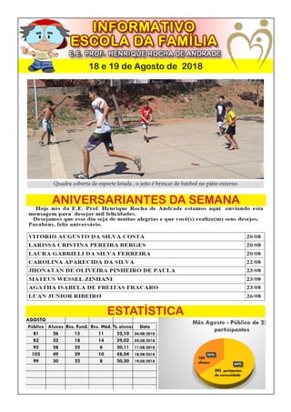 18 e 19 de Agosto de 2018
Quadra coberta de esporte lotada , o jeito é brincar de futebol no pátio externo
ANIVERSARIANTES DA SEMANA
ESTATÍSTICA
 