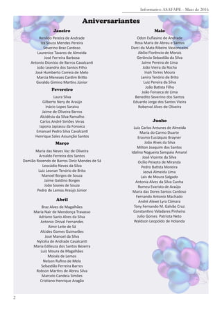 2
Informativo ASAFAPE - Maio de 2016
Aniversariantes
Janeiro
Renildo Pereira de Andrade
Iza Souza Mendes Pereira
Severino Braz Cardoso
Laurenice Tavares de Almeida
José Ferreira Barbosa
Antonio Dionísio de Barros Cavalcanti
João Leandro dos Santos Filho
José Humberto Correia de Melo
Marcia Menezes Cardim Britto
Geraldo Gimino Martins Júnior
Fevereiro
Laura Silva
Gilberto Nery de Araújo
Inácio Lopes Saraiva
Jaime de Oliveira Barros
Alcidésio da Silva Ramalho
Carlos André Simões Veras
Iapona Japiassu da Fonseca
Emanuel Pedro Silva Cavalcanti
Henrique Sales Assunção Santos
Março
Maria das Neves Vaz de Oliveira
Arnaldo Ferreira dos Santos
Damião Rozendo de Barros Diniz Mendes de Sá
Leocádio Neves da Silva
Luiz Leonan Tenório de Brito
Manoel Borges de Souza
Jaime Galdino Borges
João Soares de Souza
Pedro de Lemos Araújo Júnior
Maio
Odon Euflasino de Andrade
Rosa Maria de Abreu e Santos
Darci da Mata Ribeiro Vasconcelos
Abílio Florêncio de Morais
Gerôncio Sebastião da Silva
Jaime Pereira de Lima
João Vieira da Rocha
Inah Torres Moura
Lenira Tenório de Brito
Luiz Pereira da Silva
João Batista Filho
João Fonseca de Lima
Benedito Severino dos Santos
Eduardo Jorge dos Santos Vieira
Roberval Alves de Oliveira
Abril
Braz Alves de Magalhães
Maria Nair de Mendonça Travasso
Adriano Savio Alves da Silva
Antonio Onival Fernandes
Almir Leite de Sá
Alcides Gomes Guimarães
José Manoel da Silva
Nylcéia de Andrade Cavalcanti
Maria Edileuza dos Santos Bezerra
Luiz Moura de Magalhães
Moisés de Lemos
Nelson Rufino de Melo
Sebastião Ferreira Barros
Robson Martins de Abreu Silva
Marcelo Candeia Simões
Cristiano Henrique Aragão
Junho
Luiz Carlos Antunes de Almeida
Maria do Carmo Duarte
Erasmo Eustáquio Brayner
João Alves da Silva
Milton Joaquim dos Santos
Idalina Nogueira Sampaio Amaral
José Vicente da Silva
Ocílio Peixoto de Miranda
Pedro Batista Moreira
Jeová Almeida Lima
Lais de Moura Salgado
Antonia Alves da Silva Cunha
Romeu Evaristo de Araújo
Maria das Dores Santos Cardoso
Fernando Antonio Machado
André Alexei Lyra Câmara
Tony Fernando M. Galvão Cruz
Constantino Valadares Pinheiro
Julio Gomes Patriota Neto
Waldson Leopoldo de Holanda
 