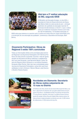 Ubá tem a 3ª melhor educação
de MG, segundo IDEB
O Ministério da Educação divulgou, no dia 3/09, o
resultado do Índice de Desenvolvimento da Educa-
ção Básica (Ideb) de cada escola do país – principal
parâmetro de qualidade da educação nacional. O
município de Ubá alcançou a nota 6,7, o que o coloca
entre os 3 melhores municípios mineiros (com mais
de 100 mil habitantes). “O resultado alcançado no
IDEB indica que estamos no caminho certo e motiva-nos ainda mais em nossa caminhada rumo
a construção de uma educação de qualidade”, comemorou a Secretária de Educação, Beth
Barros.
Orçamento Participativo: Obras da
Regional 5 estão 100% concluídas
Todas as intervenções eleitas como prioridade pelos bairros
da Regional 5 do Orçamento Participativo 2017/2018 da Pre-
feitura de Ubá já foram concluídas. Durante o mês de agosto,
equipes da Secretaria de Obras realizaram o asfaltamento
das ruas José Dorigueto, José Bernardo Maciel, Carlos Tei-
xeira de Siqueira (bairro Schiavon) e rua Antônio Anastácio
Dorigueto (Altair Rocha). Além das ruas contempladas pelos
recursos do Orçamento Participativo, outras três ruas foram
asfaltadas no bairro Schiavon: Mansur Mauad, José Gravina
e Nicolino Teixeira Soares.
A Prefeitura de Ubá, através da Secretaria Municipal de Obras, rea-
liza o calçamento de dezenas de ruas pela cidade dentro do pro-
grama“Rua Nova + Qualidade de Vida”. No distrito de Diamante,
15 ruas já foram calçadas, entre elas a rua Maria Teixeira Gomes
(posto de saúde), Arthur Rosa de Toledo Filho, dentre outras. Ao
todo, já foram implementados no distrito cerca de 12.200 metros
de calçamento e 3.700 metros de meio-fio.
Novidades em Diamante: Secretaria
de Obras realiza calçamento de
15 ruas no Distrito
ANTES
DEPOIS
 