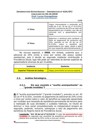 INFORMATIVOS ESTRATÉGICOS – INFORMATIVO Nº 634/STJ
PUBLICADO EM 26.10.2018
Prof. Lucas Evangelinos
- Direito Constitucional e Direito Previdenciário -
12/82
- Direito Constitucional e Direito Previdenciário –
@proflucasevangelinos proflucasevangelinos@gmail.com
1º Grau
Julgou improcedente a pretensão em
razão de o art. 45 da Lei nº 8.213/91
permitir o acréscimo de 25% ao valor da
aposentadoria por invalidez, que não se
confunde com a aposentadoria por
idade.
2º Grau
Reformou a sentença para condenar o
INSS ao pagamento do acréscimo de
25%, previsto no art. 45 da Lei nº
8.213⁄91, sobre o benefício de
aposentadoria por idade, desde a data
em que requerido administrativamente.
No recurso especial, o INSS, em síntese, sustenta que: o
adicional de 25% (vinte e cinco por cento) não possui caráter
assistencial, pois é devido ao segurado mediante contribuição à
Previdência Social, logo não pode ser estendido às demais espécies de
aposentadoria diversas da por invalidez.
Instância Desfecho
Superior Tribunal de Justiça Negou provimento ao recurso especial.
2.2. Análise Estratégica.
2.2.1. Em que consiste o “auxílio acompanhante” ou
“grande invalidez”?
R: O “auxílio-acompanhante” (“grande invalidez”), previsto no art. 45
da Lei nº 8.213/91, consiste no pagamento do adicional de 25% (vinte
e cinco por cento) sobre o valor do benefício ao segurado aposentado
por invalidez que necessite de assistência permanente de terceiro para
a realização de suas atividades e cuidados habituais, no intuito de
diminuir o risco social consubstanciado no indispensável amparo ao
segurado, podendo, inclusive, sobrepujar o teto de pagamento dos
benefícios do Regime Geral de Previdência Social.
Legislação: “Art. 45 da Lei nº 8.213/91. O valor da aposentadoria por
invalidez do segurado que necessitar da assistência permanente de outra
pessoa será acrescido de 25% (vinte e cinco por cento).
 