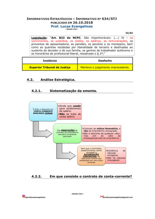 INFORMATIVOS ESTRATÉGICOS – INFORMATIVO Nº 634/STJ
PUBLICADO EM 26.10.2018
Prof. Lucas Evangelinos
- Direito Civil -
24/82
- Direito Civil –
@proflucasevangelinos proflucasevangelinos@gmail.com
Legislação: “Art. 833 do NCPC. São impenhoráveis: (...) IV - os
vencimentos, os subsídios, os soldos, os salários, as remunerações, os
proventos de aposentadoria, as pensões, os pecúlios e os montepios, bem
como as quantias recebidas por liberalidade de terceiro e destinadas ao
sustento do devedor e de sua família, os ganhos de trabalhador autônomo e
os honorários de profissional liberal, ressalvado o § 2º;”
Instância Desfecho
Superior Tribunal de Justiça Manteve o julgamento improcedente.
4.2. Análise Estratégica.
4.2.1. Sistematização da ementa.
4.2.2. Em que consiste o contrato de conta-corrente?
É lícito o desconto em
CONTA-CORRENTE
BANCÁRIA COMUM.
•Ainda que usada
para recebimento
de salário.
•Não se trata de
conta salário.
Das PRESTAÇÕES de
contrato de empréstimo
bancário livremente
pactuado
•Contrato de mútuo feneratício, e
não de empréstimo consignado.
•Não é desconto de qualquer valor,
mas sim do valor da
prestação/parcela do empréstimo.
Sem que o correntista,
posteriormente, tenha
revogado a
AUTORIZAÇÃO
CONTRATUAL de
descontos diretos das
prestações em sua conta-
corrente.
•Existência de
cláusula
revogável.
•Não há cláusula
irrevogável.
 