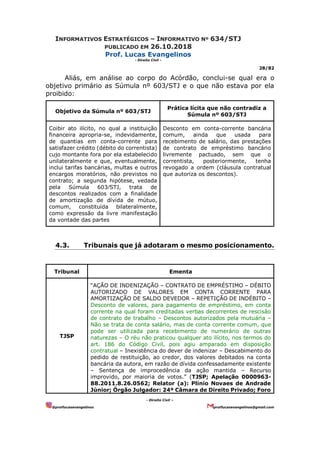 INFORMATIVOS ESTRATÉGICOS – INFORMATIVO Nº 634/STJ
PUBLICADO EM 26.10.2018
Prof. Lucas Evangelinos
- Direito Civil -
28/82
- Direito Civil –
@proflucasevangelinos proflucasevangelinos@gmail.com
Aliás, em análise ao corpo do Acórdão, conclui-se qual era o
objetivo primário as Súmula nº 603/STJ e o que não estava por ela
proibido:
Objetivo da Súmula nº 603/STJ
Prática lícita que não contradiz a
Súmula nº 603/STJ
Coibir ato ilícito, no qual a instituição
financeira apropria-se, indevidamente,
de quantias em conta-corrente para
satisfazer crédito (débito do correntista)
cujo montante fora por ela estabelecido
unilateralmente e que, eventualmente,
inclui tarifas bancárias, multas e outros
encargos moratórios, não previstos no
contrato; a segunda hipótese, vedada
pela Súmula 603⁄STJ, trata de
descontos realizados com a finalidade
de amortização de dívida de mútuo,
comum, constituída bilateralmente,
como expressão da livre manifestação
da vontade das partes
Desconto em conta-corrente bancária
comum, ainda que usada para
recebimento de salário, das prestações
de contrato de empréstimo bancário
livremente pactuado, sem que o
correntista, posteriormente, tenha
revogado a ordem (cláusula contratual
que autoriza os descontos).
4.3. Tribunais que já adotaram o mesmo posicionamento.
Tribunal Ementa
TJSP
“AÇÃO DE INDENIZAÇÃO – CONTRATO DE EMPRÉSTIMO – DÉBITO
AUTORIZADO DE VALORES EM CONTA CORRENTE PARA
AMORTIZAÇÃO DE SALDO DEVEDOR – REPETIÇÃO DE INDÉBITO –
Desconto de valores, para pagamento de empréstimo, em conta
corrente na qual foram creditadas verbas decorrentes de rescisão
de contrato de trabalho – Descontos autorizados pela mutuária –
Não se trata de conta salário, mas de conta corrente comum, que
pode ser utilizada para recebimento de numerário de outras
naturezas – O réu não praticou qualquer ato ilícito, nos termos do
art. 186 do Código Civil, pois agiu amparado em disposição
contratual – Inexistência do dever de indenizar – Descabimento do
pedido de restituição, ao credor, dos valores debitados na conta
bancária da autora, em razão de dívida confessadamente existente
– Sentença de improcedência da ação mantida – Recurso
improvido, por maioria de votos.” (TJSP; Apelação 0000963-
88.2011.8.26.0562; Relator (a): Plinio Novaes de Andrade
Júnior; Órgão Julgador: 24ª Câmara de Direito Privado; Foro
 