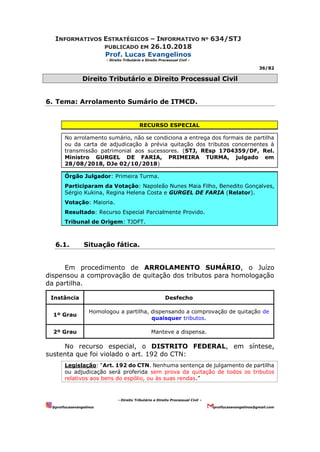 INFORMATIVOS ESTRATÉGICOS – INFORMATIVO Nº 634/STJ
PUBLICADO EM 26.10.2018
Prof. Lucas Evangelinos
- Direito Tributário e Direito Processual Civil -
36/82
- Direito Tributário e Direito Processual Civil –
@proflucasevangelinos proflucasevangelinos@gmail.com
Direito Tributário e Direito Processual Civil
6. Tema: Arrolamento Sumário de ITMCD.
RECURSO ESPECIAL
No arrolamento sumário, não se condiciona a entrega dos formais de partilha
ou da carta de adjudicação à prévia quitação dos tributos concernentes à
transmissão patrimonial aos sucessores. (STJ, REsp 1704359/DF, Rel.
Ministro GURGEL DE FARIA, PRIMEIRA TURMA, julgado em
28/08/2018, DJe 02/10/2018)
Órgão Julgador: Primeira Turma.
Participaram da Votação: Napoleão Nunes Maia Filho, Benedito Gonçalves,
Sérgio Kukina, Regina Helena Costa e GURGEL DE FARIA (Relator).
Votação: Maioria.
Resultado: Recurso Especial Parcialmente Provido.
Tribunal de Origem: TJDFT.
6.1. Situação fática.
Em procedimento de ARROLAMENTO SUMÁRIO, o Juízo
dispensou a comprovação de quitação dos tributos para homologação
da partilha.
Instância Desfecho
1º Grau
Homologou a partilha, dispensando a comprovação de quitação de
quaisquer tributos.
2º Grau Manteve a dispensa.
No recurso especial, o DISTRITO FEDERAL, em síntese,
sustenta que foi violado o art. 192 do CTN:
Legislação: “Art. 192 do CTN. Nenhuma sentença de julgamento de partilha
ou adjudicação será proferida sem prova da quitação de todos os tributos
relativos aos bens do espólio, ou às suas rendas.”
 