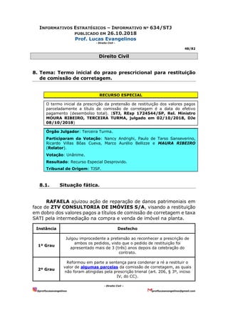 INFORMATIVOS ESTRATÉGICOS – INFORMATIVO Nº 634/STJ
PUBLICADO EM 26.10.2018
Prof. Lucas Evangelinos
- Direito Civil -
48/82
- Direito Civil –
@proflucasevangelinos proflucasevangelinos@gmail.com
Direito Civil
8. Tema: Termo inicial do prazo prescricional para restituição
de comissão de corretagem.
RECURSO ESPECIAL
O termo inicial da prescrição da pretensão de restituição dos valores pagos
parceladamente a título de comissão de corretagem é a data do efetivo
pagamento (desembolso total). (STJ, REsp 1724544/SP, Rel. Ministro
MOURA RIBEIRO, TERCEIRA TURMA, julgado em 02/10/2018, DJe
08/10/2018)
Órgão Julgador: Terceira Turma.
Participaram da Votação: Nancy Andrighi, Paulo de Tarso Sanseverino,
Ricardo Villas Bôas Cueva, Marco Aurélio Bellizze e MAURA RIBEIRO
(Relator).
Votação: Unânime.
Resultado: Recurso Especial Desprovido.
Tribunal de Origem: TJSP.
8.1. Situação fática.
RAFAELA ajuizou ação de reparação de danos patrimoniais em
face de ZTV CONSULTORIA DE IMÓVIES S/A, visando a restituição
em dobro dos valores pagos a títulos de comissão de corretagem e taxa
SATI pela intermediação na compra e venda de imóvel na planta.
Instância Desfecho
1º Grau
Julgou improcedente a pretensão ao reconhecer a prescrição de
ambos os pedidos, visto que o pedido de restituição foi
apresentado mais de 3 (três) anos depois da celebração do
contrato.
2º Grau
Reformou em parte a sentença para condenar a ré a restituir o
valor de algumas parcelas da comissão de corretagem, as quais
não foram atingidas pela prescrição trienal (art. 206, § 3º, inciso
IV, do CC).
 