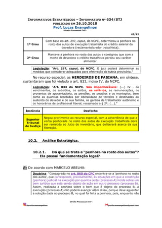 INFORMATIVOS ESTRATÉGICOS – INFORMATIVO Nº 634/STJ
PUBLICADO EM 26.10.2018
Prof. Lucas Evangelinos
- Direito Processual Civil -
65/82
- Direito Processual Civil –
@proflucasevangelinos proflucasevangelinos@gmail.com
1º Grau
Com base no art. 297, caput, do NCPC, determinou a penhora no
rosto dos autos de execução trabalhista do crédito salarial da
devedora (reclamante/credor trabalhista).
2º Grau
Manteve a penhora no rosto dos autos e consignou que com a
morte da devedora o crédito trabalhista perdeu seu caráter
alimentar.
Legislação: “Art. 297, caput, do NCPC. O juiz poderá determinar as
medidas que considerar adequadas para efetivação da tutela provisória.”
No recurso especial, os HERDEIROS DE FABIANA, em síntese,
sustentaram que foi violado o art. 833, inciso IV, do NCPC.
Legislação: “Art. 833 do NCPC. São impenhoráveis: (...) IV - os
vencimentos, os subsídios, os soldos, os salários, as remunerações, os
proventos de aposentadoria, as pensões, os pecúlios e os montepios, bem
como as quantias recebidas por liberalidade de terceiro e destinadas ao
sustento do devedor e de sua família, os ganhos de trabalhador autônomo e
os honorários de profissional liberal, ressalvado o § 2º; (...).”
Instância Desfecho
Superior
Tribunal
de Justiça
Negou provimento ao recurso especial, com a advertência de que a
verba penhorada no rosto dos autos da execução trabalhista deva
ser remetida ao Juízo do inventário, que deliberará acerca da sua
liberação.
10.2. Análise Estratégica.
10.2.1. Do que se trata a “penhora no rosto dos autos”?
Ela possui fundamentação legal?
R: De acordo com MARCELO ABELHA:
Doutrina: “Consagrada no art. 860 do CPC encontra-se a ‘penhora no rosto
dos autos’, que corresponde, precisamente, às situações em que a constrição
(penhora) judicial na execução por quantia certa (processo A) incide sobre um
bem jurídico que está sendo objeto de ação em outro processo (processo B).
Assim, realizada a penhora sobre o bem que é objeto do processo B, a
execução (processo A) não poderá avançar além disso, porque deve aguardar
a solução dada no processo B, no qual foi feita a penhora, pois, enquanto não
 