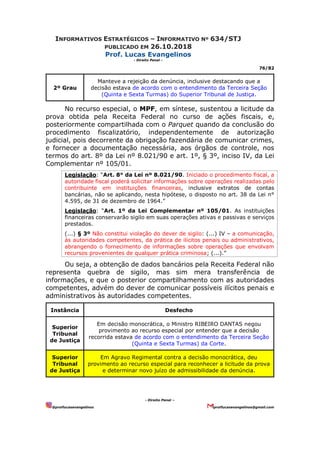 INFORMATIVOS ESTRATÉGICOS – INFORMATIVO Nº 634/STJ
PUBLICADO EM 26.10.2018
Prof. Lucas Evangelinos
- Direito Penal -
76/82
- Direito Penal –
@proflucasevangelinos proflucasevangelinos@gmail.com
2º Grau
Manteve a rejeição da denúncia, inclusive destacando que a
decisão estava de acordo com o entendimento da Terceira Seção
(Quinta e Sexta Turmas) do Superior Tribunal de Justiça.
No recurso especial, o MPF, em síntese, sustentou a licitude da
prova obtida pela Receita Federal no curso de ações fiscais, e,
posteriormente compartilhada com o Parquet quando da conclusão do
procedimento fiscalizatório, independentemente de autorização
judicial, pois decorrente da obrigação fazendária de comunicar crimes,
e fornecer a documentação necessária, aos órgãos de controle, nos
termos do art. 8º da Lei nº 8.021/90 e art. 1º, § 3º, inciso IV, da Lei
Complementar nº 105/01.
Legislação: “Art. 8° da Lei nº 8.021/90. Iniciado o procedimento fiscal, a
autoridade fiscal poderá solicitar informações sobre operações realizadas pelo
contribuinte em instituições financeiras, inclusive extratos de contas
bancárias, não se aplicando, nesta hipótese, o disposto no art. 38 da Lei n°
4.595, de 31 de dezembro de 1964.”
Legislação: “Art. 1º da Lei Complementar nº 105/01. As instituições
financeiras conservarão sigilo em suas operações ativas e passivas e serviços
prestados.
(...) § 3º Não constitui violação do dever de sigilo: (...) IV – a comunicação,
às autoridades competentes, da prática de ilícitos penais ou administrativos,
abrangendo o fornecimento de informações sobre operações que envolvam
recursos provenientes de qualquer prática criminosa; (...).”
Ou seja, a obtenção de dados bancários pela Receita Federal não
representa quebra de sigilo, mas sim mera transferência de
informações, e que o posterior compartilhamento com as autoridades
competentes, advém do dever de comunicar possíveis ilícitos penais e
administrativos às autoridades competentes.
Instância Desfecho
Superior
Tribunal
de Justiça
Em decisão monocrática, o Ministro RIBEIRO DANTAS negou
provimento ao recurso especial por entender que a decisão
recorrida estava de acordo com o entendimento da Terceira Seção
(Quinta e Sexta Turmas) da Corte.
Superior
Tribunal
de Justiça
Em Agravo Regimental contra a decisão monocrática, deu
provimento ao recurso especial para reconhecer a licitude da prova
e determinar novo juízo de admissibilidade da denúncia.
 
