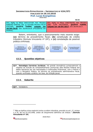 INFORMATIVOS ESTRATÉGICOS – INFORMATIVO Nº 634/STJ
PUBLICADO EM 26.10.2018
Prof. Lucas Evangelinos
- Direito Penal -
80/82
- Direito Penal –
@proflucasevangelinos proflucasevangelinos@gmail.com
STJ, AgRg no REsp 1601127/SP, Rel. Ministro
RIBEIRO DANTAS, Rel. p/ Acórdão Ministro FELIX
FISCHER, QUINTA TURMA, julgado em
20/09/2018, DJe 26/09/2018 (Precedente em
Análise).
STJ, AgRg no REsp 1586796/ES, Rel. Ministro
JOEL ILAN PACIORNIK, QUINTA TURMA,
julgado em 18/04/2017, DJe 28/04/2017.
Notem, entretanto, que o posicionamento mais recente exige:
(a) término do procedimento fiscal; (b) constituição do crédito
tributário (Súmula Vinculante nº 246
); e (c) constatação de possível
prática criminosa.
12.3. Questões objetivas
Q1º. Estratégia Carreiras Jurídicas. Há grande divergência jurisprudencial a
respeito da licitude do compartilhamento promovido pela Receita Federal dos
dados bancários por ela requisitados à instituições financeiras, com a Polícia e
com o Ministério Público, ao término do procedimento administrativo fiscal,
quando verificada a prática, em tese, de infração penal.
12.4. Gabarito
Q1º. Verdadeiro.
6
“Não se tipifica crime material contra a ordem tributária, previsto no art. 1º, incisos
I a IV, da Lei 8.137/1990, antes do lançamento definitivo do tributo.” (Súmula
Vinculante nº 24)
Término do
procedimento fiscal
administrativo
Constituição do
crédito tributário
(Súmula Vinculante
nº 24)
Constatação de
possível prática
criminosa
Compartilhamento
de Informações
 