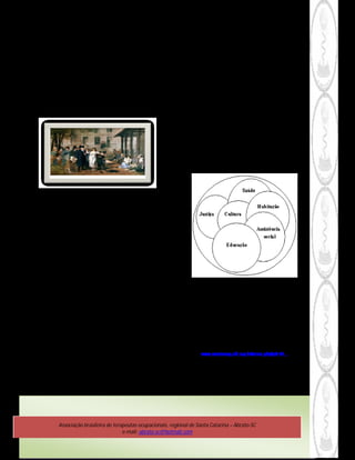 TERAPIA OCUPACIONAL e sua história:


      •      Desde os primórdios o ser humano utiliza a atividade
            (ocupação) como produtora de saúde física, mental e           ATUALMENTE ...
                                   social.
      •     Segundo o bom e velho ditado popular: “Quem canta
                         seus males espanta.”
                                                                          A Terapia Ocupacional é uma profissão da saúde, da
No século XVIII, os grandes hospitais psiquiátricos, começam a ser
                                                                          educação e do social, regulamentada, de nível superior
sistematizadas o uso das atividades humanas como uma
possibilidade de tratamento. Nesta época as atividades surgiram           que tem a atividade humana como elemento
para padronizar e normalizar comportamentos. Serviam também,              centralizador e orientador, possibilitando mudanças
como forma de gerar mão de obra, recursos a ser utilizados pela           criativas na busca da independência e autonomia dos
própria instituição.                                                      sujeitos. Para tanto, é necessário respeitar as
                                                                          singularidades e potencializar as multiplicidades de cada
                                                                          sujeito, ambiente, situação e contexto, levando em
                                                                          consideração as fragilidades e forças de cada um na
                                                                          superação das dificuldades. (ROCHA, 2009).




  Libertando lunáticos de suas correntes no Asilo Salpetrière em Paris”
                       (Boston Harbor Museum)
            Tony Robert-Fleury: “Philippe Pinel (1745-1826)

A Terapia Ocupacional surge oficialmente no final da Primeira
Guerra Mundial nos EUA como uma profissão da saúde que vinha
para tratar dos mutilados (físicos e emocionais).

Esta resultou em aumento de disfunções físicas de boa parte da
população atingida, sendo, necessário promover o retorno do
individuo ao convívio social junto à família e comunidade. Diante
de tudo isso, a Terapia Ocupacional amplia e qualifica o emprego
do treino das Atividades da Vida Diária (AVD´s), bem como busca
o aperfeiçoamento das próteses de extremidade superior, entre
outros possíveis procedimentos. Estamos diante de uma
abordagem curativa, clinica devido á demanda traumatológica
dos pacientes.
                                                                                       Campo social e núcleos de saberes
No período da segunda guerra mundial no Brasil as atuações
estavam voltadas aos pacientes crônicos, tais como os portadores
de tuberculose, as deficiências congênitas, pois era comprovada a
                                                                          Fonte: ROCHA, Renata Florez.
eficiência da Terapia Ocupacional, bem como os benefícios                 Cinedebate:(des)construindo territórios da loucura. 2009
gerados ao Estado diante da alta deste tipo de paciente (JARDIM,          [dissertação] / Renata Florez Rocha– Fpolis (SC):UFSC/PEN, 2009.
2009).                                                                    117p

Fonte: JARDIM A. L. Revendo as Origens da Terapia Ocupacional – uma       Gráfico: www.revistasusp.sibi.usp.br/scielo.php?pid=S1...
possibilidade a mais para compreender o nosso papel na atualidade,
Publicado no Blog Fisioterapia Hoje em 2009.




              Associação brasileira de terapeutas ocupacionais, regional de Santa Catarina – Abrato-SC
                                           e-mail: abrato-sc@hotmail.com
 