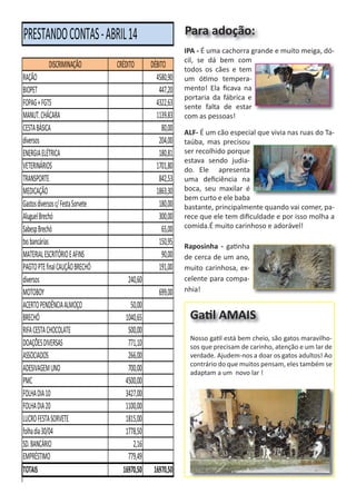 Raposinha - gatinha
de cerca de um ano,
muito carinhosa, ex-
celente para compa-
nhia!
Para adoção:
IPA - É uma cachorra grande e muito meiga, dó-
cil, se dá bem com
todos os cães e tem
um ótimo tempera-
mento! Ela ﬁcava na
portaria da fábrica e
sente falta de estar
com as pessoas!
ALF- É um cão especial que vivia nas ruas do Ta-
taúba, mas precisou
ser recolhido porque
estava sendo judia-
do. Ele apresenta
uma deﬁciência na
boca, seu maxilar é
bem curto e ele baba
bastante, principalmente quando vai comer, pa-
rece que ele tem diﬁculdade e por isso molha a
comida.É muito carinhoso e adorável!
Nosso gatil está bem cheio, são gatos maravilho-
sos que precisam de carinho, atenção e um lar de
verdade. Ajudem-nos a doar os gatos adultos! Ao
contrário do que muitos pensam, eles também se
adaptam a um novo lar !
Gatil AMAIS
 