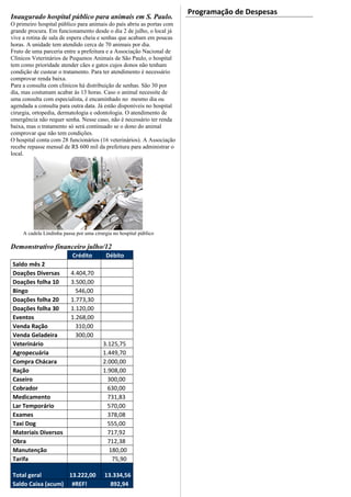 Programação de Despesas
Inaugurado hospital público para animais em S. Paulo.
O primeiro hospital público para animais do país abriu as portas com
grande procura. Em funcionamento desde o dia 2 de julho, o local já
vive a rotina de sala de espera cheia e senhas que acabam em poucas
horas. A unidade tem atendido cerca de 70 animais por dia.
Fruto de uma parceria entre a prefeitura e a Associação Nacional de
Clínicos Veterinários de Pequenos Animais de São Paulo, o hospital
tem como prioridade atender cães e gatos cujos donos não tenham
condição de custear o tratamento. Para ter atendimento é necessário
comprovar renda baixa.
Para a consulta com clínicos há distribuição de senhas. São 30 por
dia, mas costumam acabar às 13 horas. Caso o animal necessite de
uma consulta com especialista, é encaminhado no mesmo dia ou
agendada a consulta para outra data. Já estão disponíveis no hospital
cirurgia, ortopedia, dermatologia e odontologia. O atendimento de
emergência não requer senha. Nesse caso, não é necessário ter renda
baixa, mas o tratamento só será continuado se o dono do animal
comprovar que não tem condições.
O hospital conta com 28 funcionários (16 veterinários). A Associação
recebe repasse mensal de R$ 600 mil da prefeitura para administrar o
local.




     A cadela Lindinha passa por uma cirurgia no hospital público

Demonstrativo financeiro julho/12
                           Crédito         Débito
Saldo mês 2
Doações Diversas          4.404,70
Doações folha 10          3.500,00
Bingo                       546,00
Doações folha 20          1.773,30
Doações folha 30          1.120,00
Eventos                   1.268,00
Venda Ração                 310,00
Venda Geladeira             300,00
Veterinário                              3.125,75
Agropecuária                             1.449,70
Compra Chácara                           2.000,00
Ração                                    1.908,00
Caseiro                                    300,00
Cobrador                                   630,00
Medicamento                                731,83
Lar Temporário                             570,00
Exames                                     378,08
Taxi Dog                                   555,00
Materiais Diversos                         717,92
Obra                                       712,38
Manutenção                                 180,00
Tarifa                                      75,90

Total geral        13.222,00              13.334,56
Saldo Caixa (acum) #REF!                    892,94
 