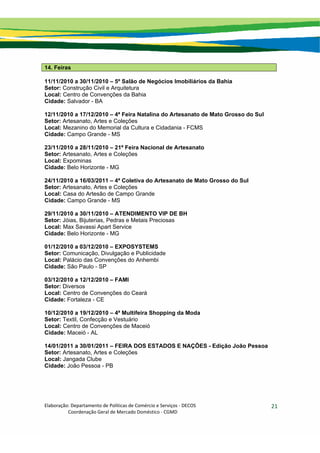 Elaboração: Departamento de Políticas de Comércio e Serviços ‐ DECOS 
                    Coordenação Geral de Mercado Doméstico ‐ CGMD 
21
14. Feiras
11/11/2010 a 30/11/2010 – 5º Salão de Negócios Imobiliários da Bahia
Setor: Construção Civil e Arquitetura
Local: Centro de Convenções da Bahia
Cidade: Salvador - BA
12/11/2010 a 17/12/2010 – 4ª Feira Natalina do Artesanato de Mato Grosso do Sul
Setor: Artesanato, Artes e Coleções
Local: Mezanino do Memorial da Cultura e Cidadania - FCMS
Cidade: Campo Grande - MS
23/11/2010 a 28/11/2010 – 21ª Feira Nacional de Artesanato
Setor: Artesanato, Artes e Coleções
Local: Expominas
Cidade: Belo Horizonte - MG
24/11/2010 a 16/03/2011 – 4ª Coletiva do Artesanato de Mato Grosso do Sul
Setor: Artesanato, Artes e Coleções
Local: Casa do Artesão de Campo Grande
Cidade: Campo Grande - MS
29/11/2010 a 30/11/2010 – ATENDIMENTO VIP DE BH
Setor: Jóias, Bijuterias, Pedras e Metais Preciosas
Local: Max Savassi Apart Service
Cidade: Belo Horizonte - MG
01/12/2010 a 03/12/2010 – EXPOSYSTEMS
Setor: Comunicação, Divulgação e Publicidade
Local: Palácio das Convenções do Anhembi
Cidade: São Paulo - SP
03/12/2010 a 12/12/2010 – FAMI
Setor: Diversos
Local: Centro de Convenções do Ceará
Cidade: Fortaleza - CE
10/12/2010 a 19/12/2010 – 4ª Multifeira Shopping da Moda
Setor: Textil, Confecção e Vestuário
Local: Centro de Convenções de Maceió
Cidade: Maceió - AL
14/01/2011 a 30/01/2011 – FEIRA DOS ESTADOS E NAÇÕES - Edição João Pessoa
Setor: Artesanato, Artes e Coleções
Local: Jangada Clube
Cidade: João Pessoa - PB
 
