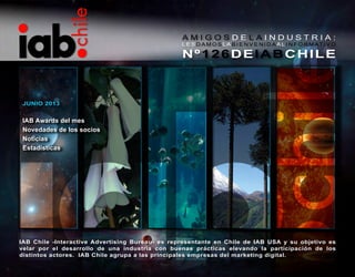 A M I G O S D E L A I N D U S T R I A :
L E S D A M O S L A B I E N V E N I D A A L I N F O R M AT I V O
Nº126DEIABCHILE
IAB Chile -Interactive Advertising Bureau- es representante en Chile de IAB USA y su objetivo es
velar por el desarrollo de una industria con buenas prácticas elevando la participación de los
distintos actores. IAB Chile agrupa a las principales empresas del marketing digital.
JUNIO 2013
IAB Awards del mes
Novedades de los socios
Noticias
Estadísticas
 