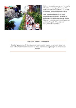 O sistema de aeração no canal, para introdução
de bactéria, por exemplo, já foi pretendido e
rejeitado na Cidade de São Paulo – no canal do
Rio Pinheiros, proibido por medida judicial…
Talvez, observando o que outros países
emergentes têm conseguido, no campo da
despoluição e recuperação ambiental, nossos
dirigentes e os diversos atores sociais percebam
que o novo faz parte da busca para o
desenvolvimento sustentável.
Carta da Terra – Princípios
“Aceitar que, com o direito de possuir, administrar e usar os recursos naturais,
vem o dever de prevenir os danos ao meio ambiente e de proteger os direitos das
pessoas. ”
 
