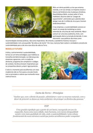 Mais um alerta paralelo a crise que estamos
vivendo, e em seu tempo, os impactos atuais e
futuros do fenômeno das mudanças climáticas.
David Wallace-Wells, no best-seller A Terra
Inabitável, discorre sobre as “pragas do
aquecimento”, estimando que o planeta deve
abrigar mais de 1 milhão de vírus que o homem
ainda desconhece.
E nas empresas, a sustentabilidade costuma se
inserir no campo do marketing ou como
extensão de uma área de meio ambiente. Não é
comum ser uma área autônoma, forte, com
participação diária na tomada de decisão. E mais
alarmante: suas políticas são vistas como
recomendações de boas práticas, não como imperativos. No entanto, a pandemia mostrou-nos que a
sustentabilidade é sim uma questão “de vida ou de morte”. Por isso, é preciso fazer evoluir o verdadeiro conceito de
sustentabilidade para o de uma nova ética da vida na Terra.
MODELO FUTURO
A ética, contrariamente à sustentabilidade,
tornou-se um tema estratégico, que mobiliza os
Conselhos de Administração e as lideranças das
empresas e governos, com a criação de
diretorias, programas de compliance e códigos
de conduta. Da ética emanam imperativos que
as companhias devem cumprir rigorosamente.
E este é o momento para escolhermos um novo
modelo de vida na Terra para a era pós-Covid,
com os princípios e valores que nortearão nossa
vivência futura.
Carta da Terra – Princípios
“Aceitar que, com o direito de possuir, administrar e usar os recursos naturais, vem o
dever de prevenir os danos ao meio ambiente e de proteger os direitos das pessoas.”
INSP
Uma grande expedição que a partir de um barco, navegando em um rio
esquecido, busca uma nova cidade, mais humana, com menos desigualdade
social e com mais qualidade de vida, onde a sustentabilidade é uma coluna
fundamental da nova estrutura social que juntos acreditamos poder conquistar
 