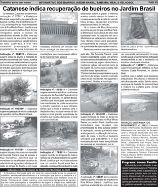 Trabalho sério tem nome                    INFORMATIVO DOS BAIRROS JARDIM BRASIL, SANTANA, REAL E VELHOBOL                                                         PÁG. 03

   Catanese indica recuperação de bueiros no Jardim Brasil
   O vereador Catanese encaminhou                                                     estacionar sobre a grade, a mesma
indicação nº 577/11 a Prefeitura                                                      acabou caindo dentro do bueiro e,
Municipal, sugerindo a recuperação de                                                 consequentemente a roda do veículo
bueiros na Rua Pará (defronte ao nº.                                                  ficou presa, causando enormes
132), e na esquina da Rua Amazonas                                                    prejuízos ao dono do veículo.
com a Rua Madre Sena. Justifica que                                                       Já o bueiro da Rua Amazonas
quanto ao bueiro da Rua Pará, fomos                                                   encontra-se pior do que a da Rua Pará,
indagados sobre o tempo de                                                            a diferença é que a boca de lobo esta
atendimento através do 156, uma vez                                                   localizada bem na esquina da via e
que o bueiro se encontra com parte                                                    dificilmente se estacionam veículos ali,
da base que sustenta a grade da boca                                                  mas oferece riscos para populares,
de lobo, quebrada, e isso vem                                                         principalmente as crianças, sem falar
causando preocupação             aos       instalada, inclusive um veículo Van        na quantidade de sujeira sobre mesmo.      bueiros para evitar ocorrências
proprietários de uma empresa ali           fazia entrega de mercadorias ao                Seria importante a manutenção nos      desnecessárias.

Indicação nº. 29/2011 – Catanese           imediações, para que possam utilizá-       está alto. Na Avenida Paraná, onde         vez que ainda permanecem no local,
sugere poda de árvore e retirada de        la de maneira mais segura.                 reside à solicitante, existe um terreno    sendo que já encaminhamos indicação
entulho na Avenida São Paulo. Justifica                                               ao lado da escolinha Branca de Neve,       anteriormente e até o momento os
que moradores estão solicitando a poda                                                onde moradores jogam vários lixos e        entulhos não foram retirados.
da árvore e, principalmente a retirada                                                madeiras velhas, até animal morto já       Indicação nº. 139/2011 - Catanese
do entulho, para que o local não acabe                                                foi jogado ali, sendo que a coleta não     sugere recuperação asfáltica na Rua
virando um depósito e não fique com                                                   recolhe esses tipos de lixo.               Homero Costa Pimentel, no Jardim
aspecto de abandono.                                                                  “Precisa resolver esse problema que já     Real.
                                                                                      vem há muito tempo, quando o sol bate      Justifica que o asfalto está bastante
                                                                                      nesse local, moradores não agüenta o       prejudicado, dificultando o trânsito de
                                                                                      mau cheiro”, finaliza a munícipe.          veículos naquele trecho. Sendo assim,
                                                                                                                                 peço que na medida do possível faça
                                                                                                                                 o reparo no asfalto para evitar
                                           Indicação nº. 102/2011 – Catanese                                                     acidentes no local.
                                           sugere retirada de entulhos localizados
                                           na esquina da Avenida Paraná com a
                                           Rua Rio de Janeiro, no Jardim Brasil.
                                           Justifica que munícipes que residem
                                           nas imediações de onde se encontra
                                           o entulho solicitam a sua retirada,
Indicação nº. 100/2011 – Catanese          sendo que o local é apenas para o
sugere recuperação de trecho e colocação   depósito e lixo, e o que vemos na foto
de cascalho na Rua Alberto Vicenti.        anexa é uma grande quantidade de           Indicação nº. 103/2011 – Catanese
                                           entulho que acaba deixando o local         sugere limpeza de mato ao longo da
                                           com cara de lixão.                         área pública localizada na Rua Minas
                                                                                      Gerais, no Jardim Brasil. Justifica que    SITUAÇÃO LOTEAMENTOS
                                                                                      moradores que residem nas                  REQUERIMENTO nº. 336/11 – Catanese
                                                                                      proximidades da área pública pedem         solicita informações atualizadas sobre
                                                                                      a capinação, sendo que muito mato          loteamentos no município de Amparo.
                                                                                      acaba gerando proliferação de bichos,      Qual a situação atualizada dos lote-
                                                                                      além do mais, o trecho é bastante          amentos: Estância Netinho, Santa
                                                                                                                                 Adelaide, Chácara Recreio, Haydeé,
                                                                                      utilizado por pedestres e a sua
                                                                                                                                 Climáticas da Bocaina, Planalto da
                                                                                      manutenção trará maior tranqüilidade       Serra, Loteamento São Roque, Serra
                                                                                      às pessoas ao transitarem por lá.          das Estâncias, Chácara das Águas,
                                                                                                                                 Loteamento Beira Rio, Loteamento
Indicação nº. 101/2011 – Catanese                                                                                                Santa Maria do Amparo, Chácara São
sugere limpeza de mato no escadão          Indicação nº. 178/2011 – Catanese                                                     João, Loteamento Tamburi, Panorama
da Avenida Paraná que dá acesso a          sugere mutirão de limpeza de mato e                                                   Tropical, Bianca, Jardim Silvestre I, II, III,
Rua Rondônia. Justifica que os             retirada de entulhos no bairro do Jardim                                              IV e Chácara Brumado.
moradores da localidade e usuários do      Brasil. Justifica que munícipe reclama
referido local aguardam a limpeza do       que no Jardim Brasil está feio a                                                       Progr ama Jovem Família
                                                                                                                                  Pro       Jo    Família
mato ao longo do trecho e em suas          situação, vários pontos do bairro o mato                                                    Através de uma indicação, o ve-
                                                                                                                                  reador Catanese sugeriu o Programa
        Catanese solicita criação de Ouvidoria Municipal do SUS                                                                   Jovem Família, onde a assistência a
    A Ouvidoria Municipal será um meio de comunicação entre os usuários/                                                          adolescente grávida teria um trata-
 cidadãos, servidores/trabalhadores e a instituição que busca a melhoria e a                                                      mento diferenciado. O acompanha-
 manutenção contínua dos serviços/produtos oferecidos pelo Sistema Único de           A indicação nº. 334/11 tem o mesmo
                                                                                      objetivo quanto retirada de entulhos na     mento de psicologos entre outras
 Saúde. Configura-se, dessa maneira, uma importante ferramenta da gestão,
 que tem como prerrogativa a competência de sugerir a criação e/ou redefinição        Rua Minas Gerais. Justifica que             ações ganharam uma atenção mai-
 de novos serviços/produtos que venham ao encontro dos anseios dos usuários.          pedimos a retirada dos entulhos, uma        or, justifica o vereador na propositura.
 