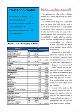 Prestando contas:
Atendimentos realizados: 118
Animais resgatados: 24
Animais em tratamento médico = 47
Animais castrados: 45
Atendimento de denúncias = 15
Animais falecidos: 05
Tem pessoas que não medem esforços
para estar na mídia, mesmo que seja a im-
prensa marrom.
No ultimo dia 09 de junho, o vereador
Sena, no jornal VIA VALE declara que a
AMAIS está utilizando Van de propriedade
da prefeitura para transportar cachorros
doentes. Particularmente, não vejo nenhu-
ma improbidade nisso, haja vista, ser de res-
ponsabilidade do poder público, resgatar,
cuidar e manter a integridade dos animais
abandonados, no entanto,
NUNCA a AMAIS fez uso desse
ou de qualquer outro veículo
da prefeitura.
Solicitamos ao VIA VALE o
direito de resposta, que NOS
FOI NEGADO! Pergunto, cadê
o respeito às leis, que por sinal
são feitas pelo Poder Legislati-
vo do qual o Sr. Sena pertence?
Tenho certeza que as pes-
soas que elegeram esse verea-
dor, o fizeram acreditando que
o mesmo cumpriria um man-
dato sério, pautado na verda-
de e na integridade e de fato
preocupado com o bem estar
dos cidadãos.
É isso aí minha gente, há de
se ter muitas passeatas, pois, o
país precisa urgentemente ser
colocado nos devidos eixos e
nossos políticos precisam ur-
gentemente fazer um curso de
aprendizagem sobre política!
Político ou Politicagem?!
 