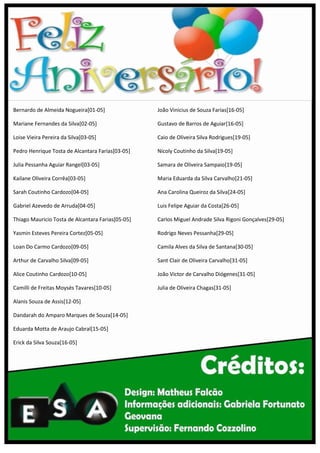 Bernardo de Almeida Nogueira[01-05]
Mariane Fernandes da Silva[02-05]
Loise Vieira Pereira da Silva[03-05]
Pedro Henrique Tosta de Alcantara Farias[03-05]
Julia Pessanha Aguiar Rangel[03-05]
Kailane Oliveira Corrêa[03-05]
Sarah Coutinho Cardozo[04-05]
Gabriel Azevedo de Arruda[04-05]
Thiago Mauricio Tosta de Alcantara Farias[05-05]
Yasmin Esteves Pereira Cortez[05-05]
Loan Do Carmo Cardozo[09-05]
Arthur de Carvalho Silva[09-05]
Alice Coutinho Cardozo[10-05]
Camilli de Freitas Moysés Tavares[10-05]
Alanis Souza de Assis[12-05]
Dandarah do Amparo Marques de Souza[14-05]
Eduarda Motta de Araujo Cabral[15-05]
Erick da Silva Souza[16-05]
João Vinicius de Souza Farias[16-05]
Gustavo de Barros de Aguiar[16-05]
Caio de Oliveira Silva Rodrigues[19-05]
Nicoly Coutinho da Silva[19-05]
Samara de Oliveira Sampaio[19-05]
Maria Eduarda da Silva Carvalho[21-05]
Ana Carolina Queiroz da Silva[24-05]
Luis Felipe Aguiar da Costa[26-05]
Carlos Miguel Andrade Silva Rigoni Gonçalves[29-05]
Rodrigo Neves Pessanha[29-05]
Camila Alves da Silva de Santana[30-05]
Sant Clair de Oliveira Carvalho[31-05]
João Victor de Carvalho Diógenes[31-05]
Julia de Oliveira Chagas[31-05]
 