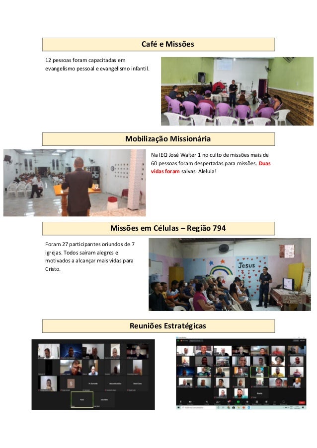 Café e Missões
12 pessoas foram capacitadas em
evangelismo pessoal e evangelismo infantil.
Mobilização Missionária
Na IEQ José Walter 1 no culto de missões mais de
60 pessoas foram despertadas para missões. Duas
vidas foram salvas. Aleluia!
Missões em Células – Região 794
Foram 27 participantes oriundos de 7
igrejas. Todos saíram alegres e
motivados a alcançar mais vidas para
Cristo.
Reuniões Estratégicas
 