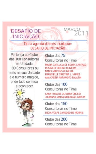 DESAFIO DE                         MARÇO
  INICIAÇÃO
                                           2011
         Tire a agenda do mês e coloque:
              DESAFIO DE INICIAÇÃO
 Pertença ao Clube    Clube das 75
das 100 Consultoras   Consultoras no Time
    na Unidade!       MARIA CARLUCIA DE SOUZA CARTAXO
100 Consultoras ou    ROSIMERI RIBEIRO OLIVEIRA
                      NANCI MARTINS OLIVEIRA
mais na sua Unidade   FRANCIELLE CRISTINA L. NUNES
é o número mágico,    ANA CASSIA NARAMOTO PALAZIN
 onde tudo começa
    a acontecer.      Clube das 100
                      Consultoras no Time
                      SARA ROSA DE OLIVEIRA ORCESI
                      JULIANNA MARIA REBOUCAS GARCIA

                      Clube das 150
                      Consultoras no Time
                      LUCIA VOLPE CARDOSO DE MORAIS

                      Clube das 200
                      Consultoras no Time
 